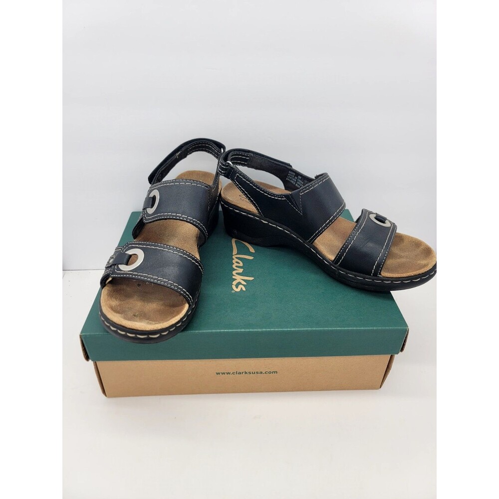Clarks Sandals Womens 9M Black Leather Lexi Birch Wedge Strap With Box